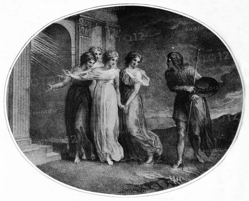 'Prudence, Piety, Charity and Discretion inviting Christian into the Palace Beautiful', 1789, (1912) Artist: Thomas Stothard.