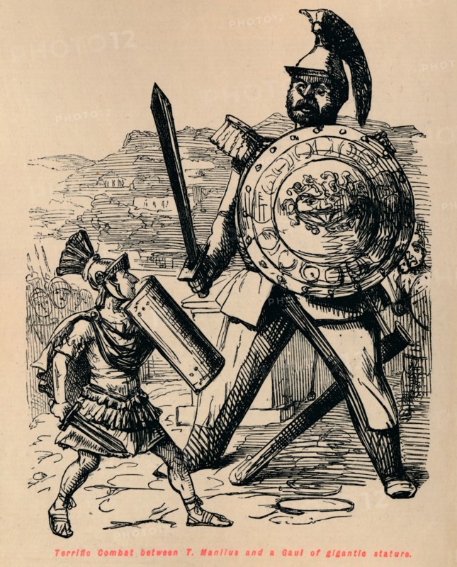 'Terrific Combat between T Manlius and a Gaul of gigantic stature', 1852. Artist: John Leech.