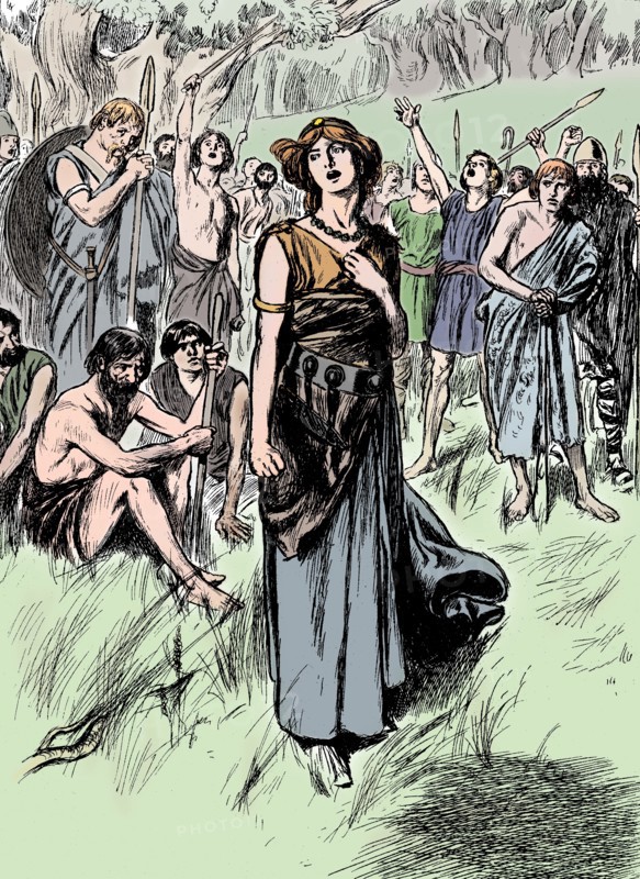 Boudicca (Boadicea) lst century British queen of the Iceni, rallying her troops, c1900. Artist: Unknown.