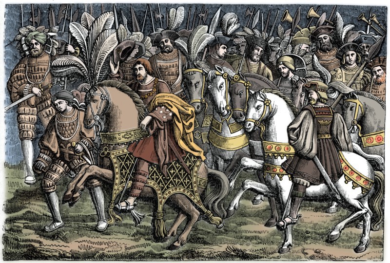 Interview between Francis I and Henry VIII, on the Field of the Cloth of Gold, 1520, (1870).  Artist: Unknown.