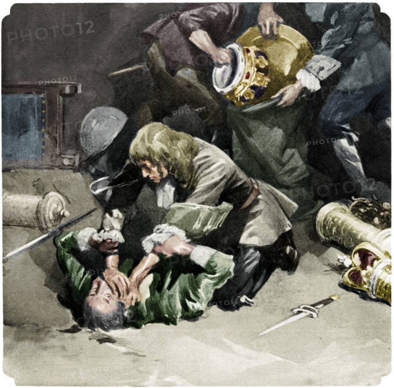 Thomas Blood attempting to steal the Crown Jewels from the Tower of London in 1671, (1937). Artist: Unknown.
