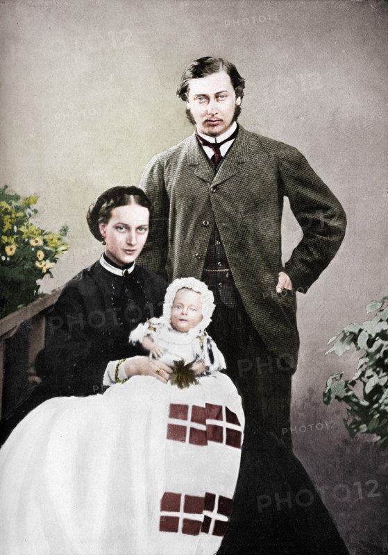 The Prince and Princess of Wales with the infant Prince Albert Victor, 1864 (1910). Creator: Vernon Heath.