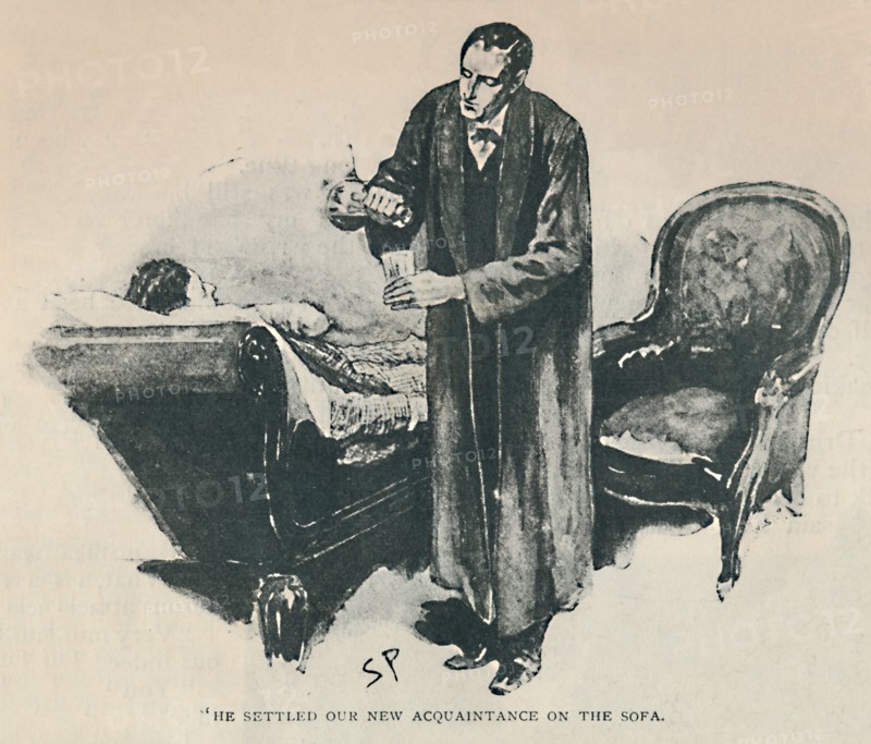 'He Settled Our New Acquaintance On The Sofa', 1892. Artist: Sidney E Paget.
