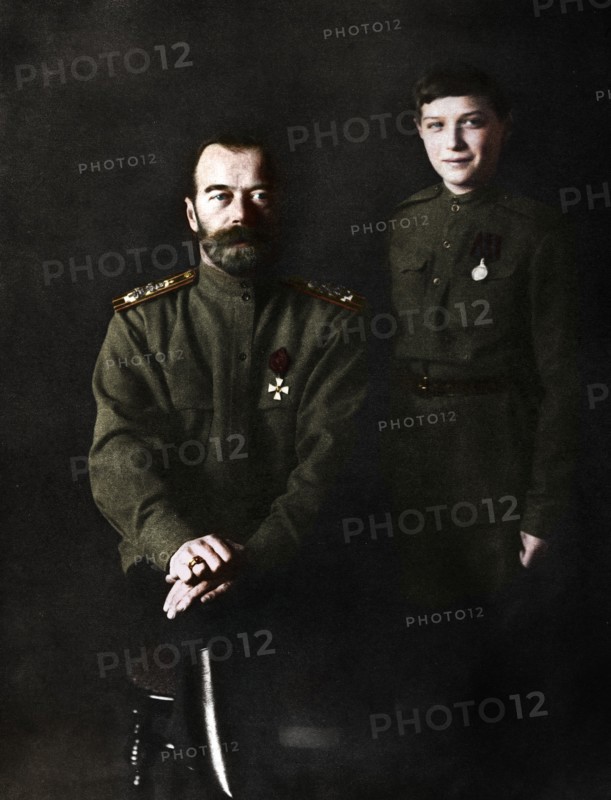 Nicholas II, Tsar of Russia and his son, Alexei, in military uniform, 1915. Artist: Unknown.
