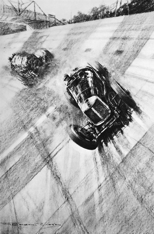 'Whitney Straight (Maserati) at the Members' Bridge turn, Brooklands, 1933, (1937). Artist: Gordon Crosby.