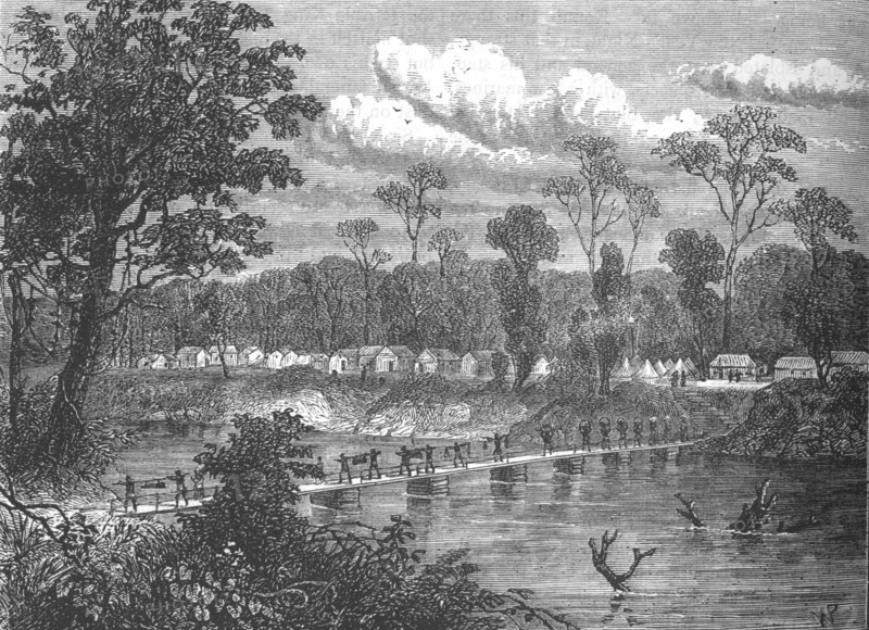 'Pontoon-bridge on the Prah', c1880. Artist: W.P..