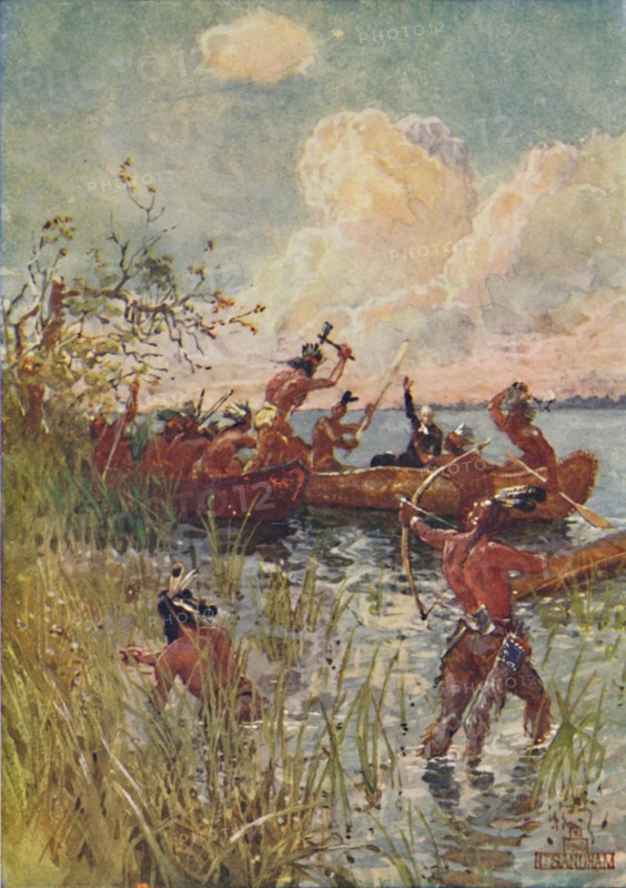 'Jesuit Priest and Converts Attacked By Indians', 1916. Artist: Henry Sandham.