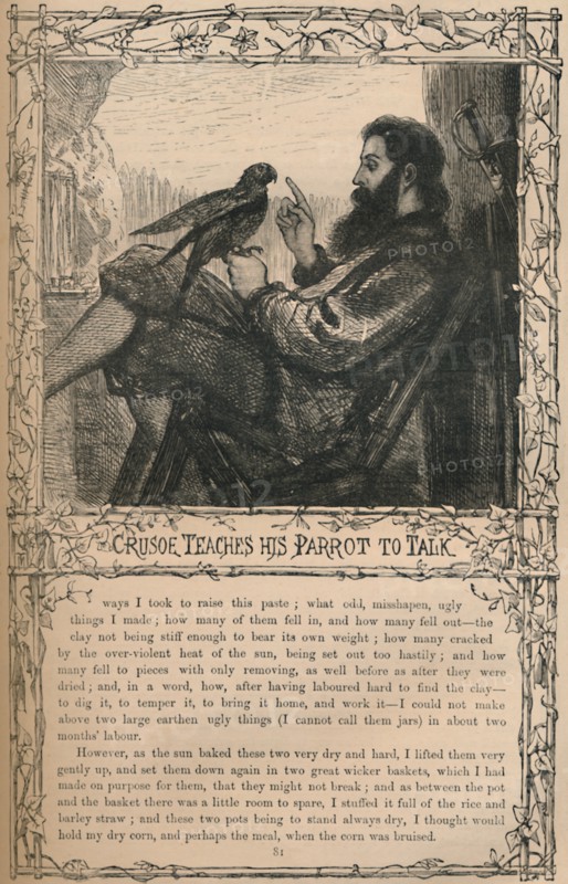 'Crusoe Teaches His Parrot To Talk', c1870. Artist: Unknown.