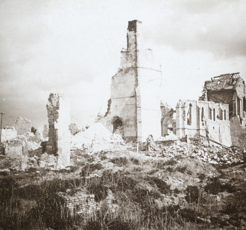 Ruined church, Chauny, northern France, c1914-c1918. Artist: Unknown.