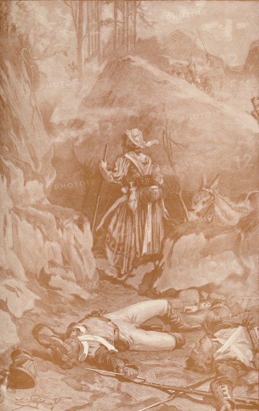 'The Cantinière of the 26th Regiment Climbing The Rocks at Busaco', 1810, (1896).  Artist: Unknown.