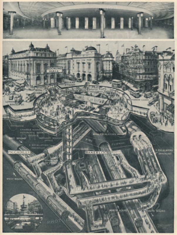 'A New Piccadilly Circus Below The Old As The Gateway to the Tubes', c1935. Artist: D Macpherson.