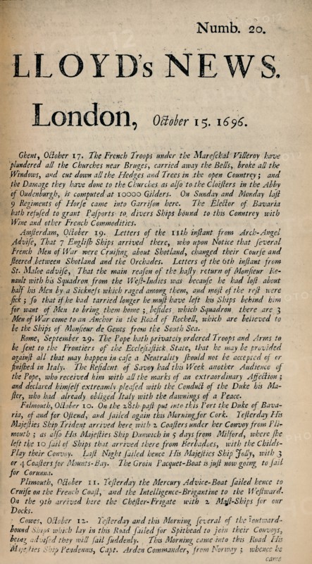 'Lloyd's News. London, October 15, 1696 - Numb. 20', (1928). Artist: Unknown.