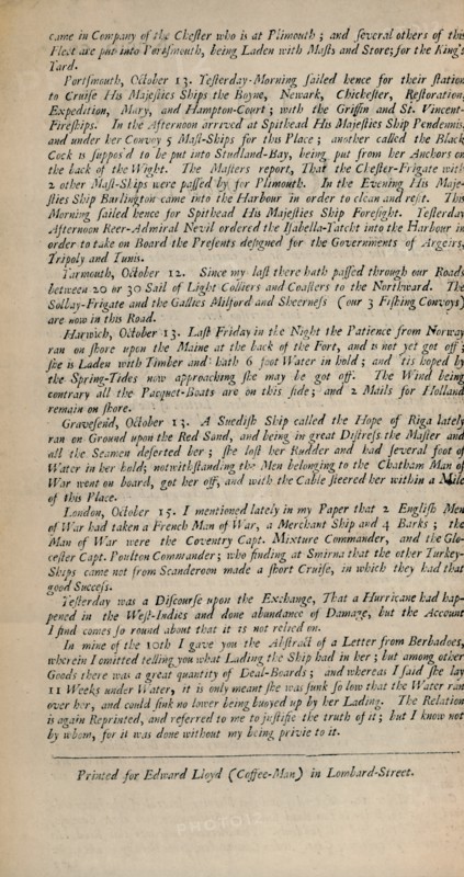 'Lloyd's News. London, October 15, 1696 - Numb. 20', 1928. Artist: Unknown.