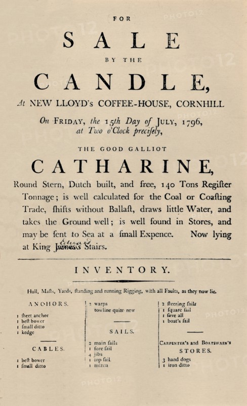 'Advertisement of Sale by Candle at Lloyd's, 1796', (1928). Artist: Unknown.