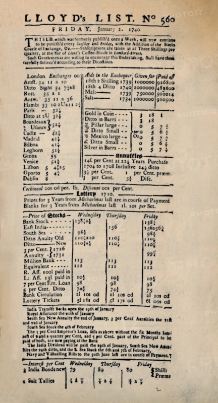 'Facsimile of the Earliest Extant Copy of Lloyd's List', c1740s, (1928). Artist: Unknown.