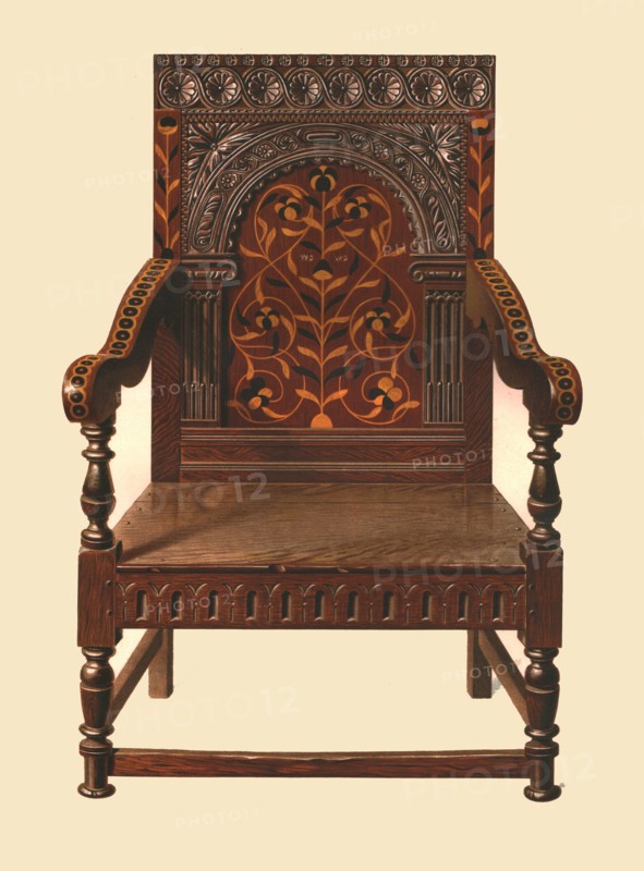 Oak inlaid chair, 1904. Artist: Shirley Slocombe.
