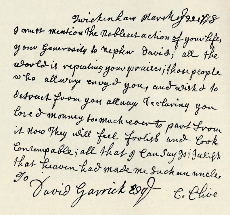 'Facsimile of autograph letter by Kitty Clive', 1907. Artist: Unknown.