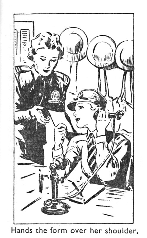 'Hands the form over her shoulder', 1940. Artist: Unknown.