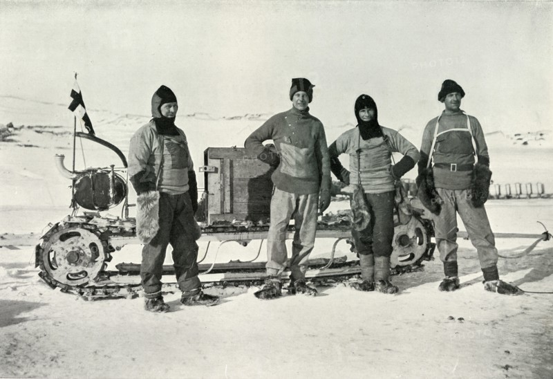 'The Motor Party (Left to right - Lashly, B.C. Day, Lieut. Evans, Hooper)', October 1911, (1913). Artist: Herbert Ponting.