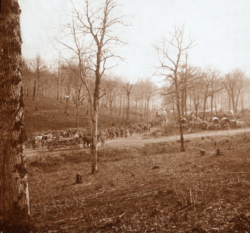 Column of troops, Genicourt, northern France, c1914-c1918. Artist: Unknown.
