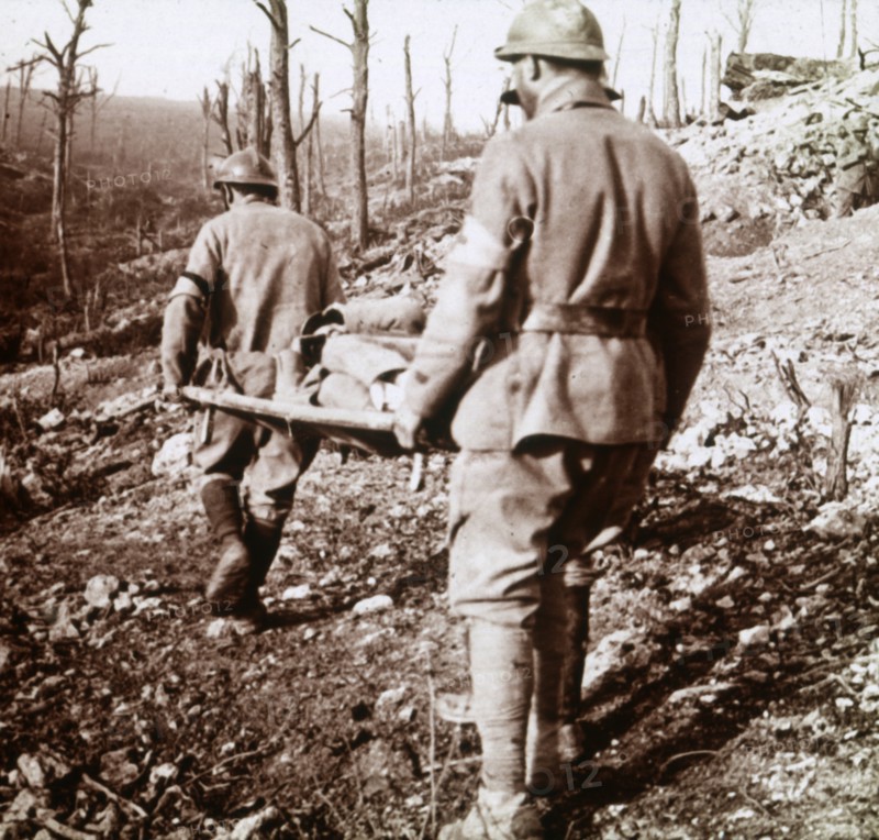 Transporting the wounded, Chemin des Dames, northern France, c1914-c1918.  Artist: Unknown.
