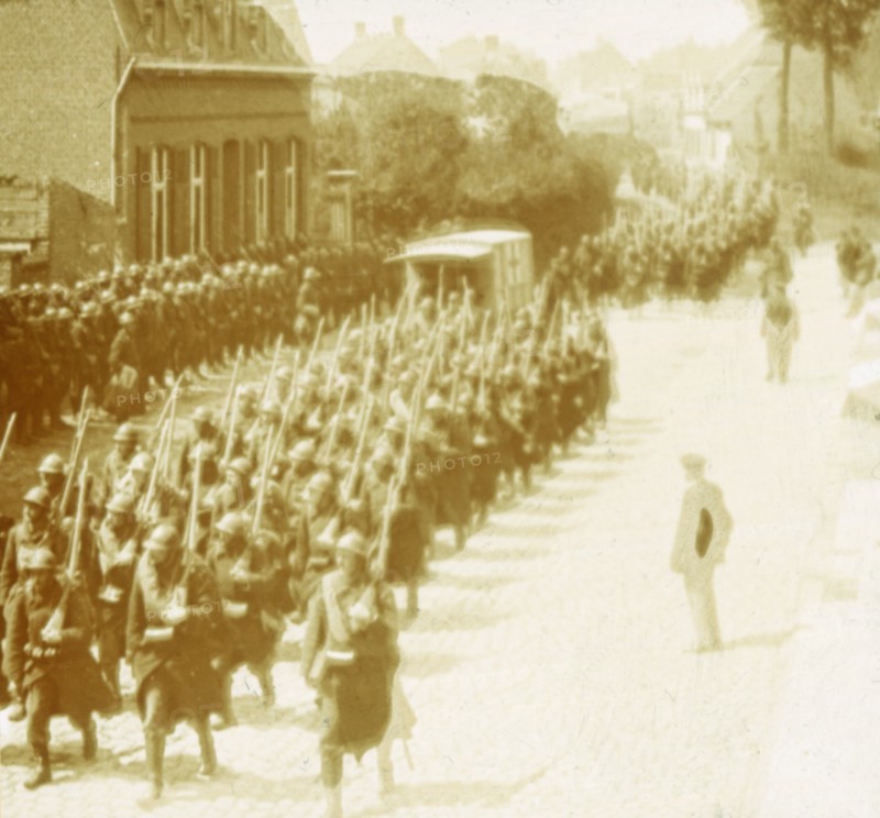 Troops marching, Alveringem, Flanders, Belgium, c1914-c1918. Artist: Unknown.