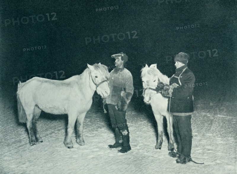 'Petty Officers Crean and Evans Exercising Their Ponies in the Winter', 1911, (1913). Artist: Herbert Ponting.