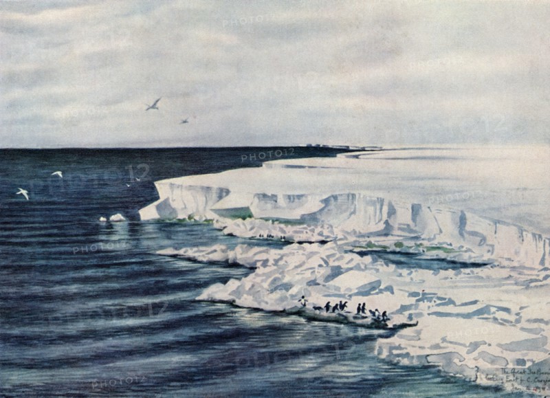 'The Great Ice Barrier, Looking East from Cape Crozier', 4 January 1911, (1913). Artist: Edward Wilson.