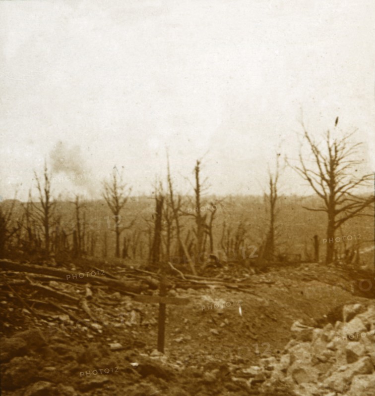 Graves and bombardment, Fleury, France, c1914-c1918. Artist: Unknown.