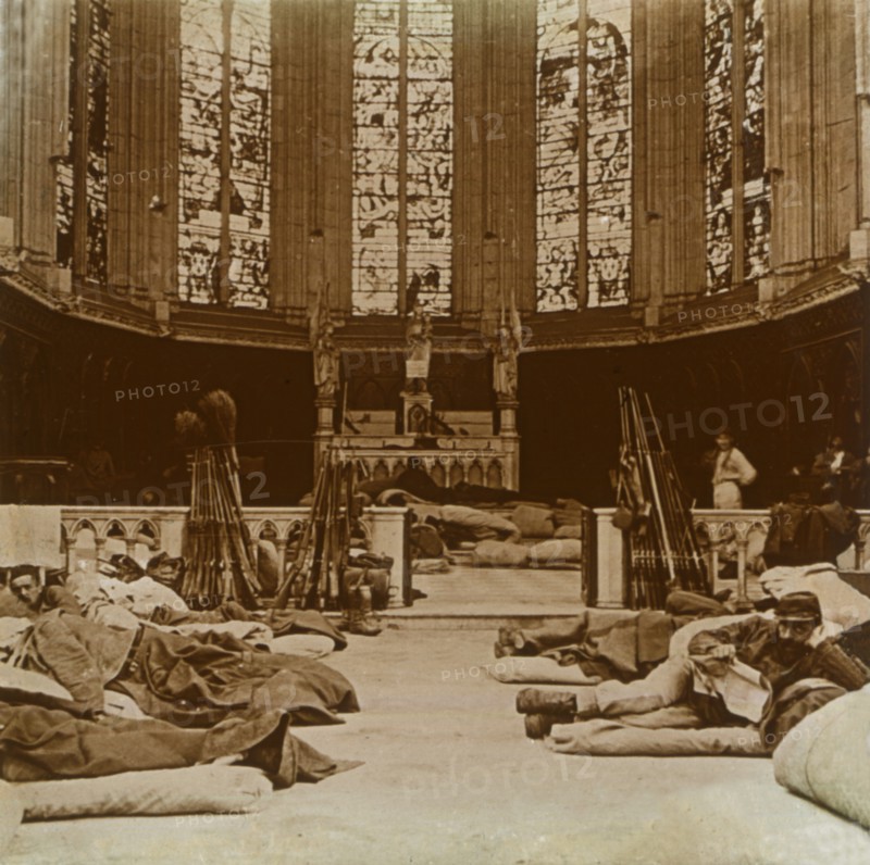 Makeshift barracks in a church, Marne, northern France, 1914.  Artist: Unknown.