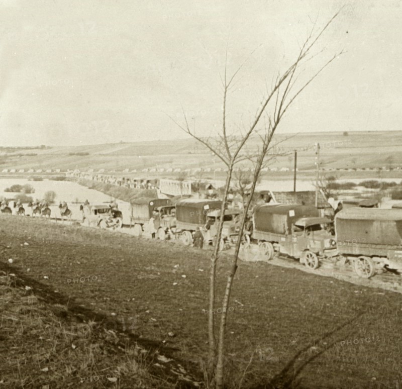 Column of trucks on the Voie Sacrée, Verdun, northern France, c1914-c1918.  Artist: Unknown.