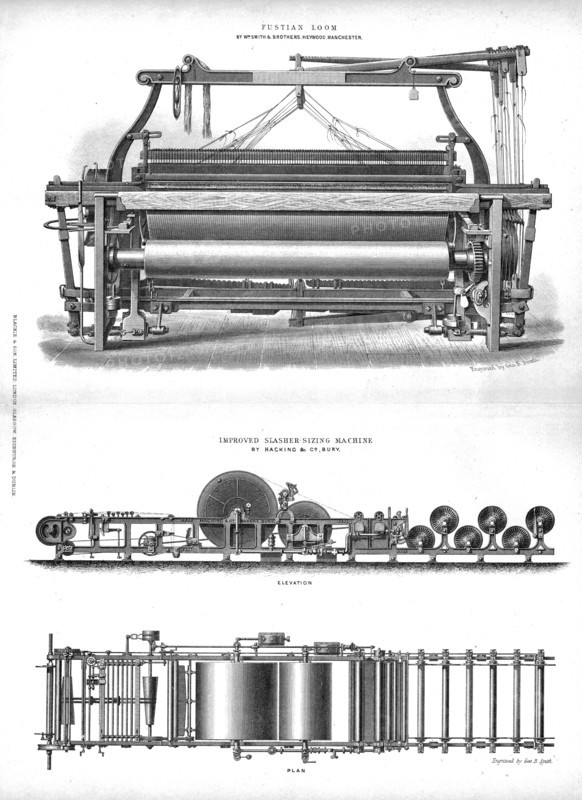 Fustian Loom and Improved Slasher-Sizing Machine, late 19th century? Artist: George B Smith.
