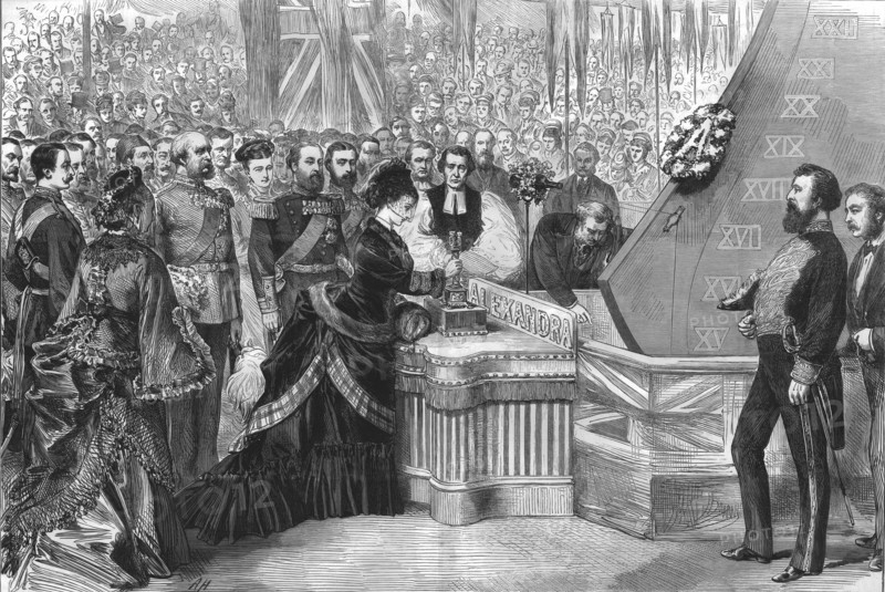 The Princess of Wales launching the new ironclad ship 'Alexandra', 1875. Artist: Unknown.