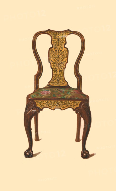 Walnut chair inlaid with marquetry, 1905. Artist: Shirley Slocombe.
