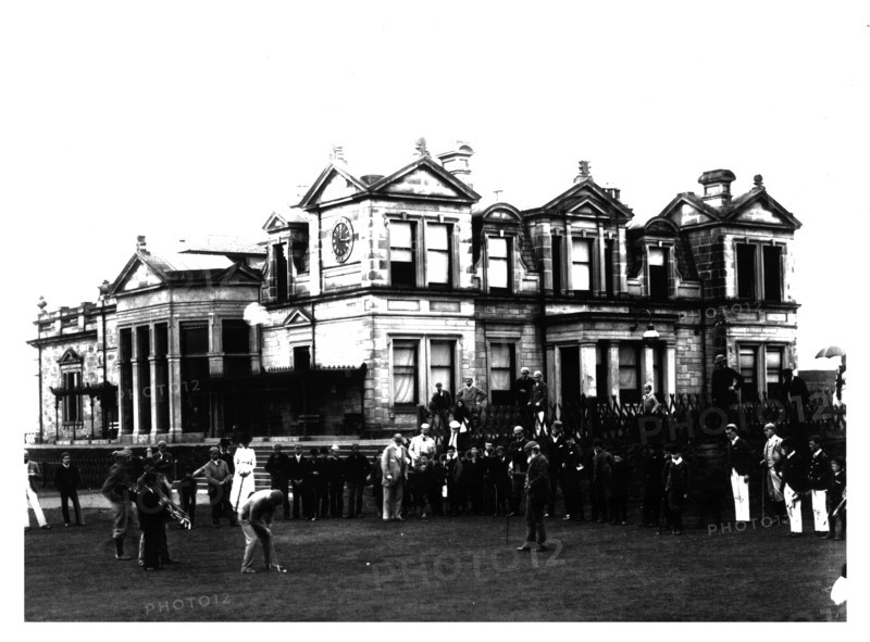 Old Tom Morris outside the Old Course Clubhouse at St Andrews in Scotland, c1900. Artist: Unknown.