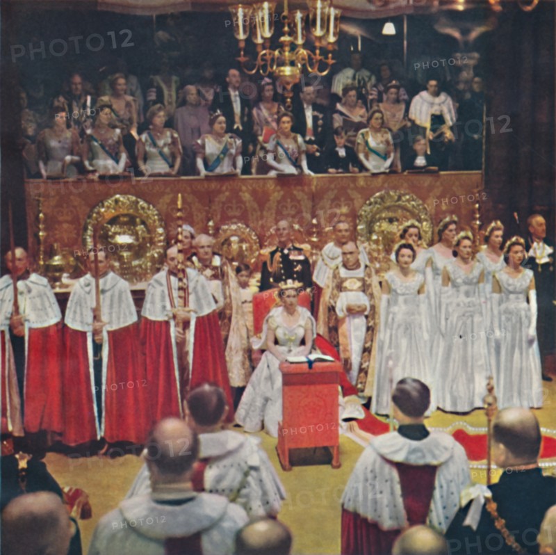 'The Queen, after her entry into the Abbey Church of Westminster, is seated in her Chair of Estate', Artist: Unknown.