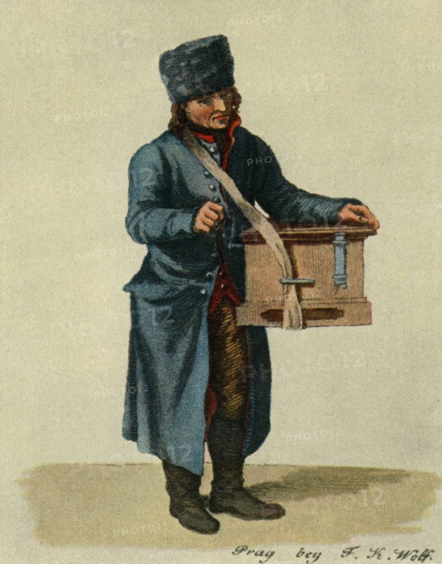 'Hooked harp and barrel-organ. Types of Prague musicians', 1948. Artist: Unknown.