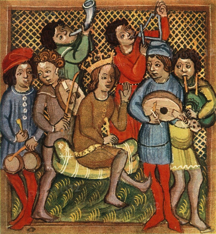 'Small drums, fiddle, horn, triangle lute and bagpipes; Olomouc Bible, 1417', 1948. Artist: Unknown.