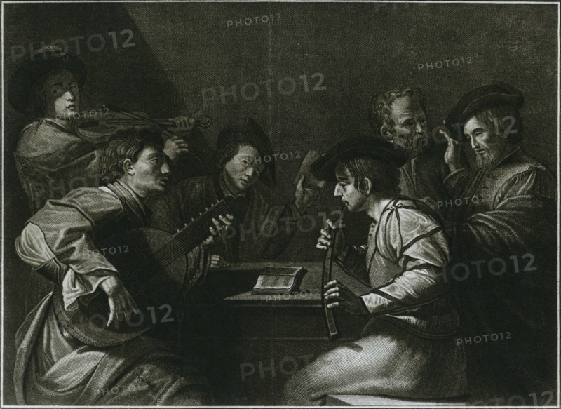'Lute, violin and black (curved) zink; Italian engraving of the year 1784', 1948. Artist: Unknown.