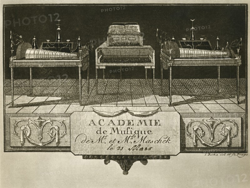 'Glass harmonicas and keyboard chimes; engraving from the first half of the nineteenth century, on a Artist: Unknown.
