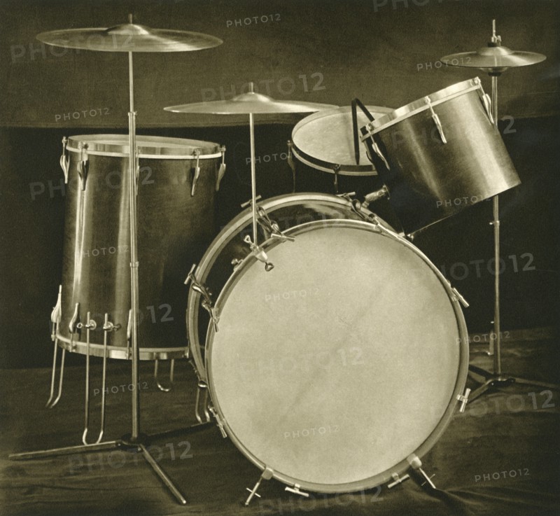 'A set of percussion instruments (drums and cymbals) of Czechslovak manufacture', 1948. Artist: Unknown.
