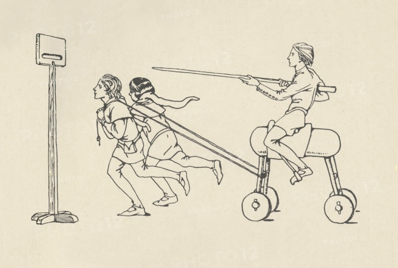 'Boys playing at Riding at the Quintain (Romance of Alexander, about 1340. Bodleian)', (1931). Artist: Charles Henry Bourne Quennell.