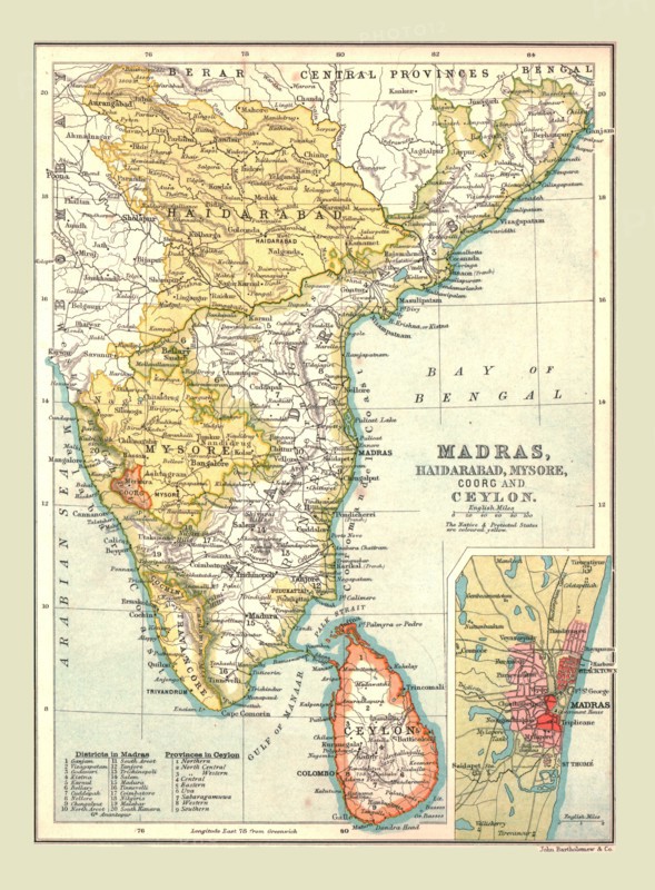 Map of Madras, Hyderabad, Mysore, Coorg and Ceylon, 1902.  Creator: Unknown.