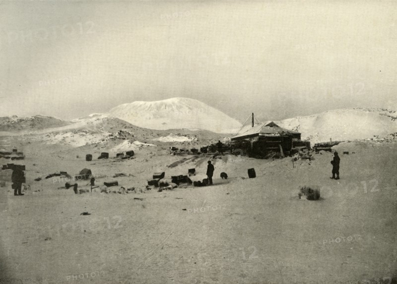 'The Winter Quarters. With Mount Erebus in the Background', c1908, (1909). Artist: Unknown.