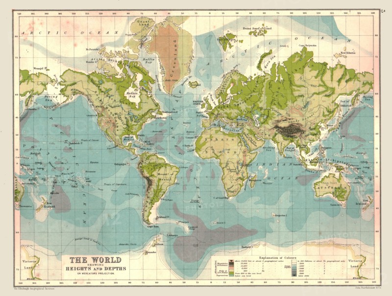 Map of the World showing Heights and Depths, 1902. Creator: Unknown.