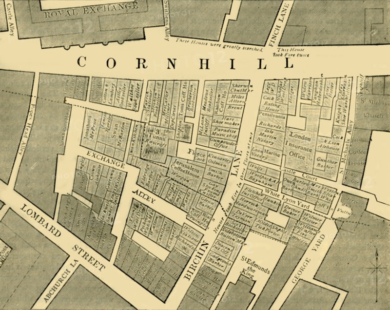 'Plan showing the Extent of the Great Fire in Cornhill in 1748', (c1872). Creator: Unknown.
