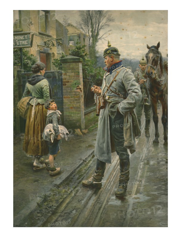 Boy making a face at a German cavalry officer. Creator: Unknown.