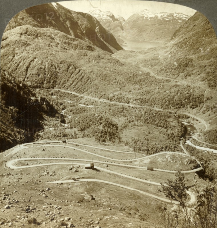 'Great zigzag loops of road descending from Dyreskard Pass - west to Roldal Lake, Norway', c1905. Creator: Unknown.