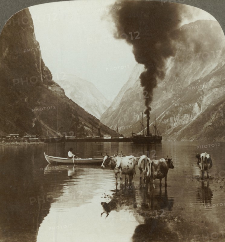 'Gudvangen's outlook over the Naerofjord where the sea reaches far in among the mountains, Norway',  Creator: Unknown.