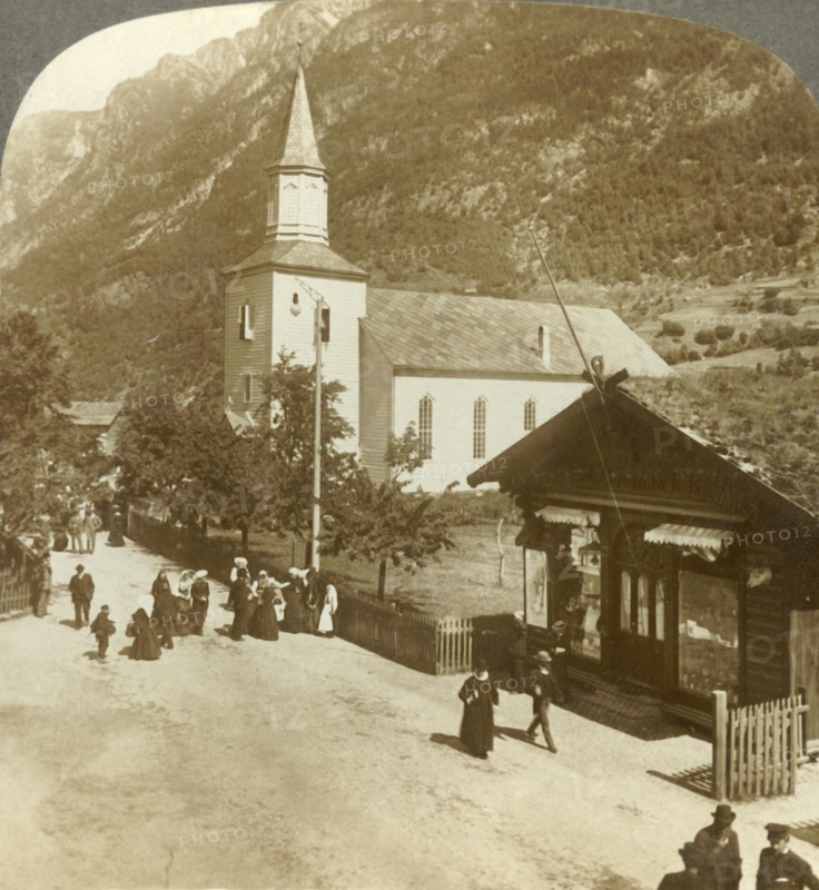 'Families and neighbors on a summer Sunday morning at village church, Odde, Norway', c1905. Creator: Unknown.